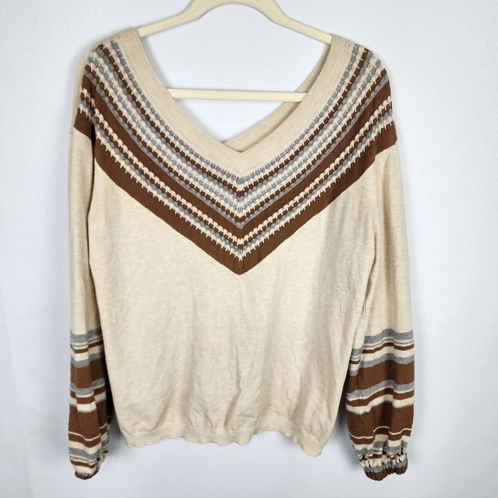 Promesa Women's Small Cream Striped Long Sleeve V-Neck Soft Pullover Sweater